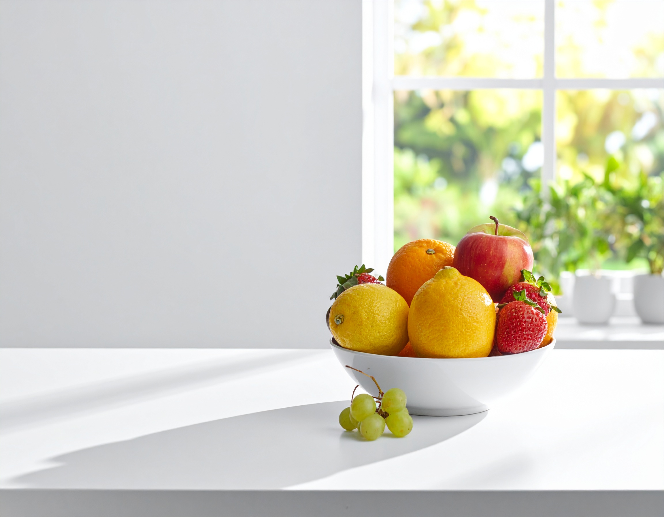 firefly fruit bowl on white table to the right with more table showing 166857